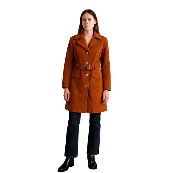 70s Suede Mod Trench Coat Stevie Nicks Winter Lining Rust Brown Retro Academia 8